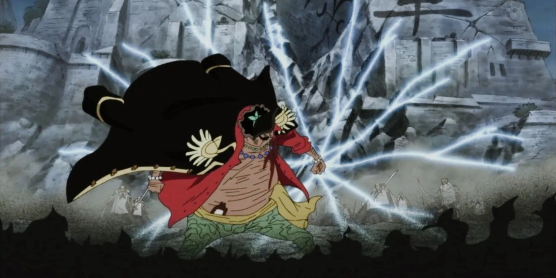 Blackbeard uses the Tremor-Tremor Fruit for the first time to destroy Marineford in One Piece.