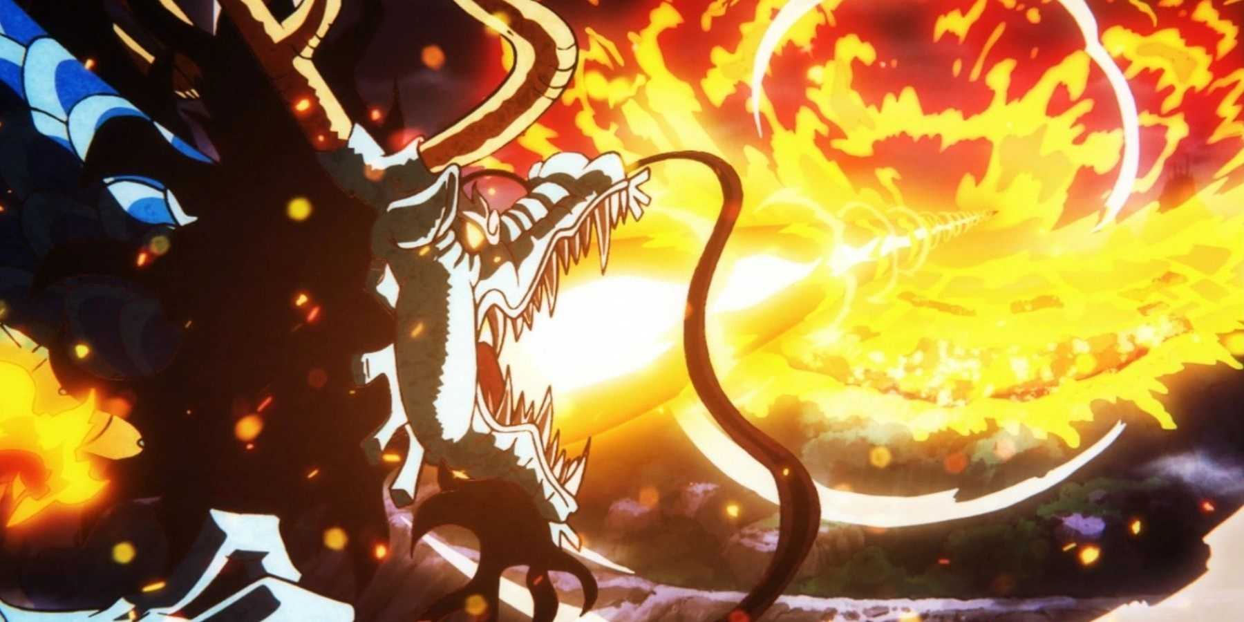 In One Piece, Kaido destroys a mountain with a fire bolo breath attack.
