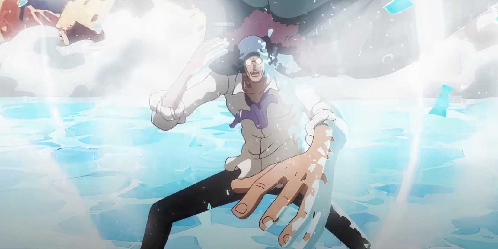 Kuzan uses his Ice-Ice Powers against Monkey D. Garp in One Piece.