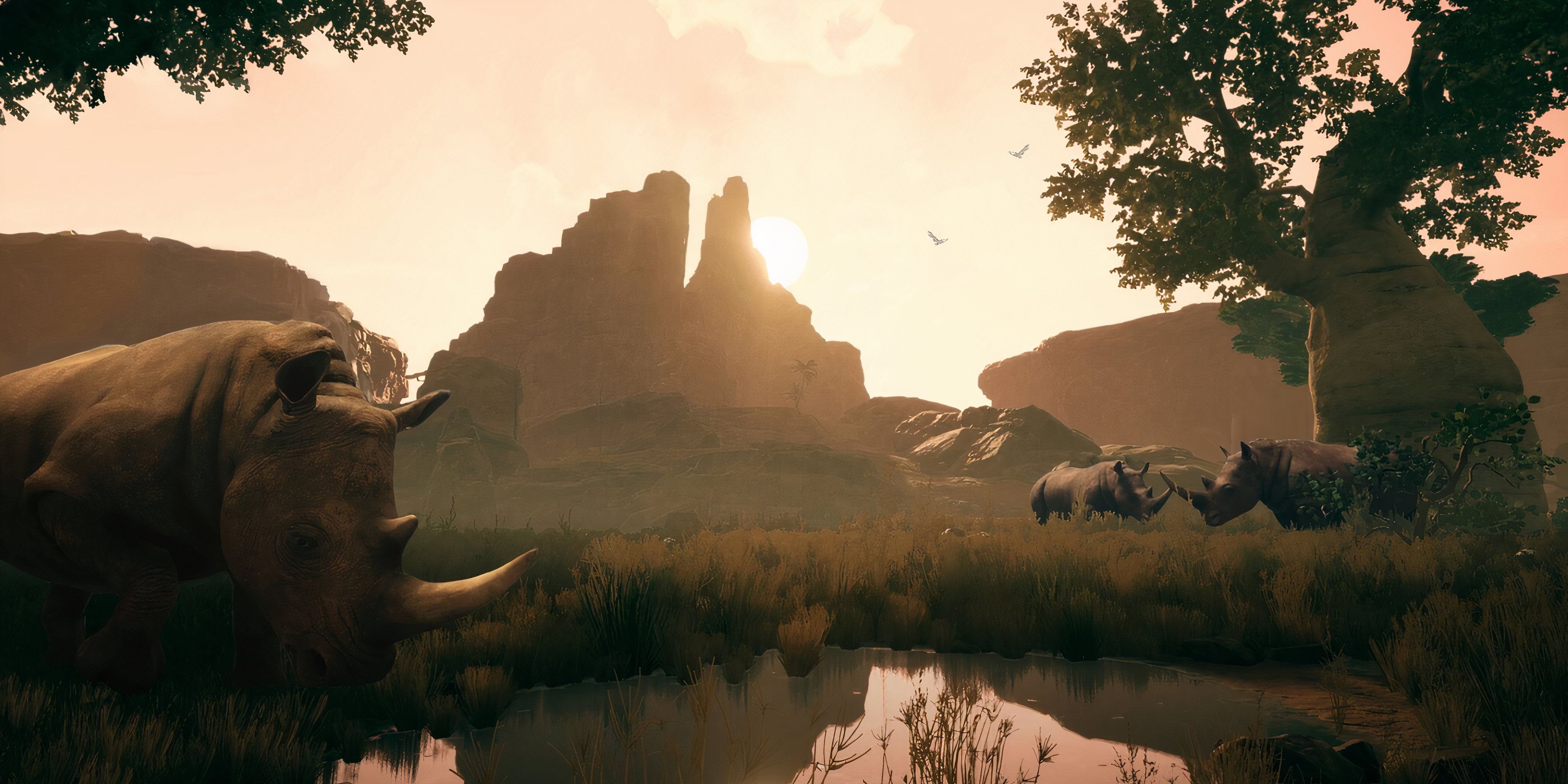 7 Science Fiction Games That Use Actual Science Rhinos drink at watering hole at dawn