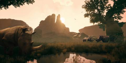 7 Science Fiction Games That Use Actual Science Rhinos drink at watering hole at dawn