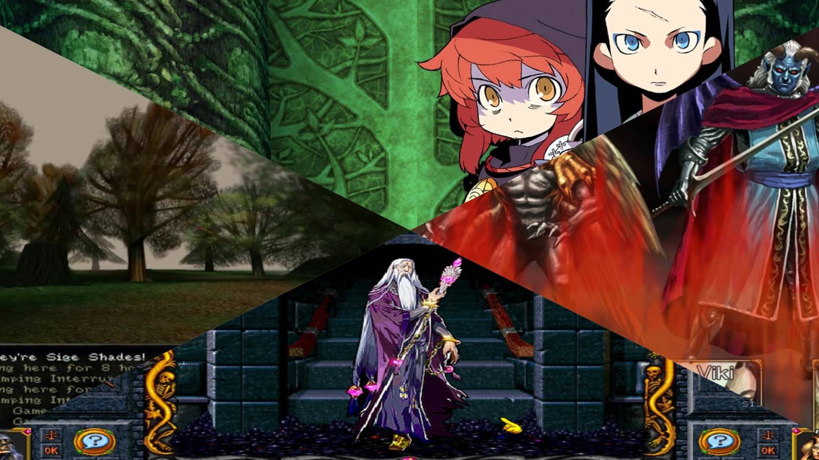 Etrian Odyssey, Wizardry 8, Elminage Gothic, Grimoire mixed gameplay collage