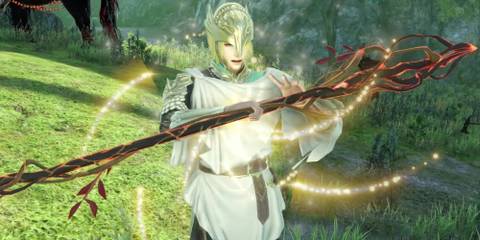 Perseus holding a staff in Warriors Orochi 4 Ultimate