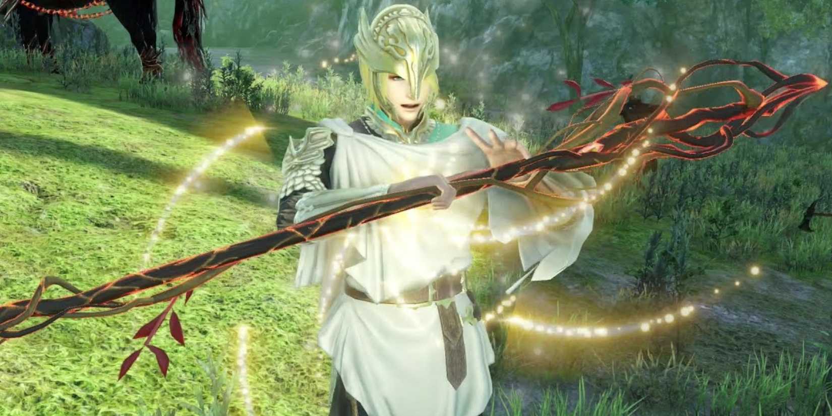 Perseus holding a staff in Warriors Orochi 4 Ultimate