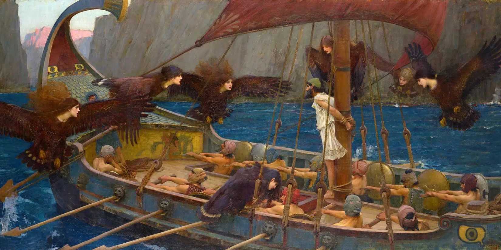 Odysseus and his men on the ship avoiding the sirens
