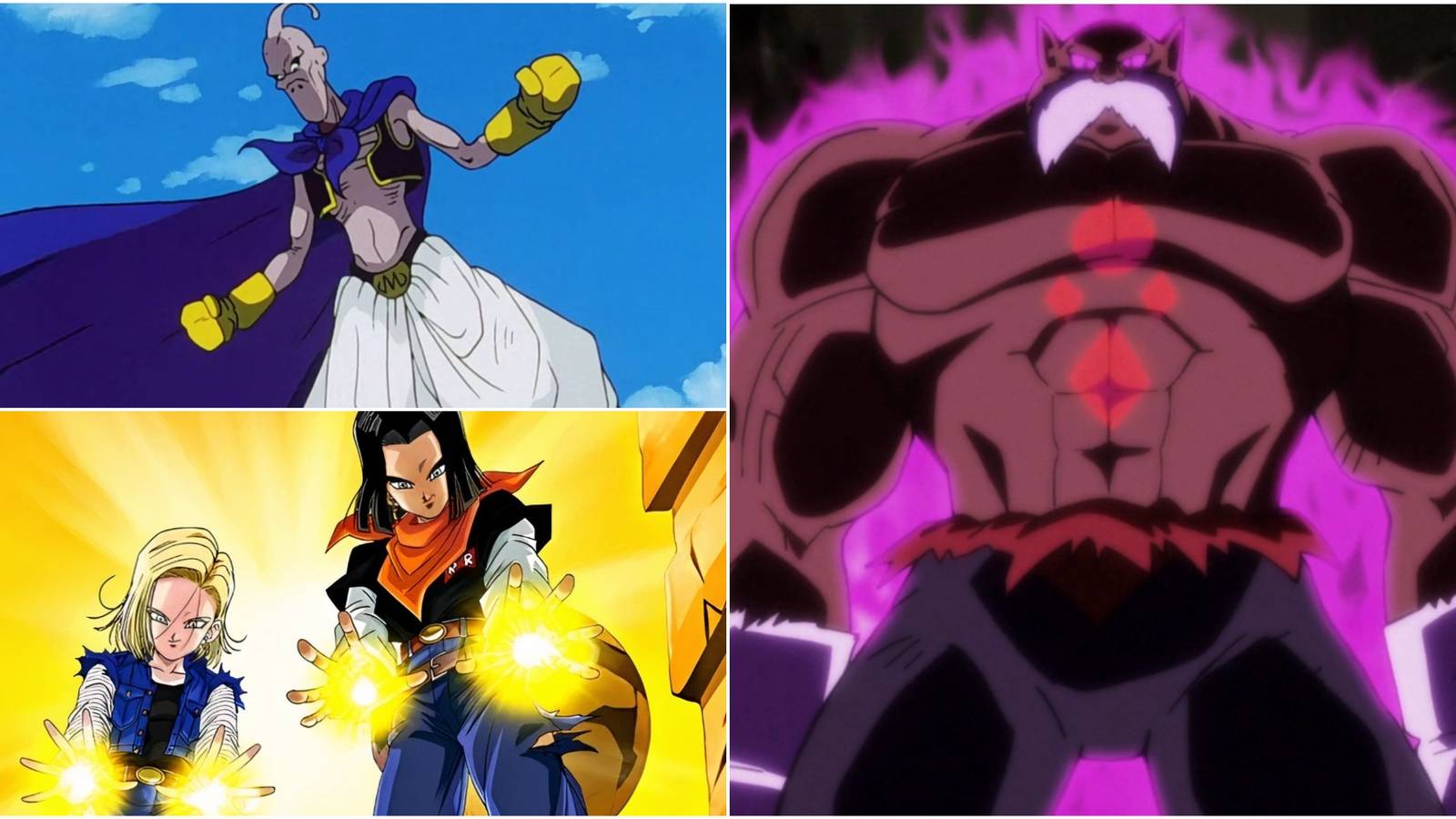 a collage image showing Toppo, Evil Buu, Android 17, and Android 18