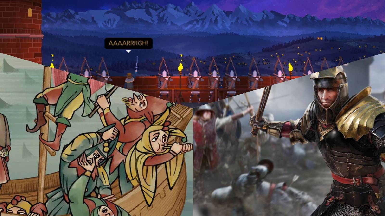 3 Way Split Image Of Pentiment, Yes, Your Grace, Chivalry