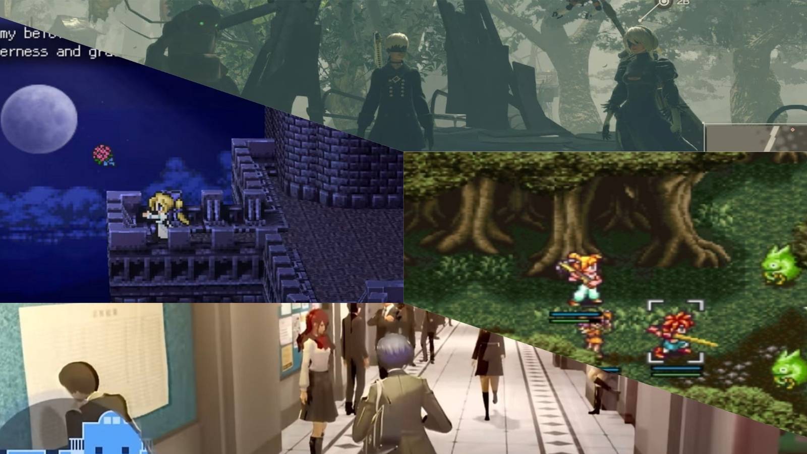 Final Fantasy 6, Chrono Trigger, Nier Automata, Persona 3 Reload JRPG mixed gameplay collage