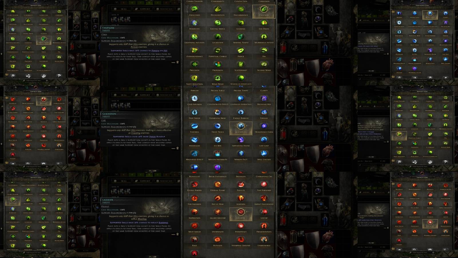 Path of Exile 2 support gems tier one mixed screenshot collage