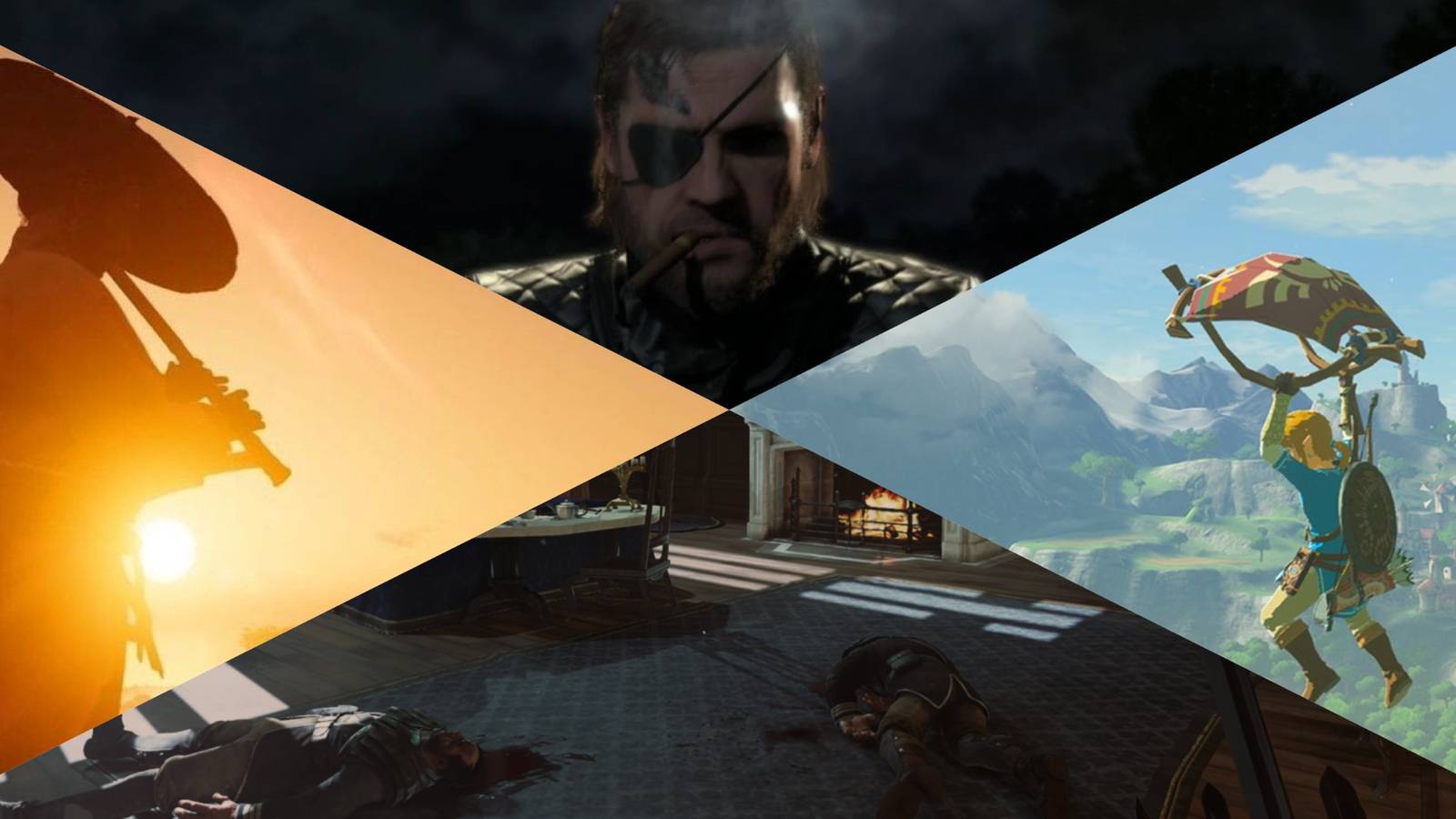 Ghost of Tsushima, Metal Gear Solid 5 The Phantom Pain, Dishonored, The Legend of Zelda Breath of the Wild mixed gameplay collage