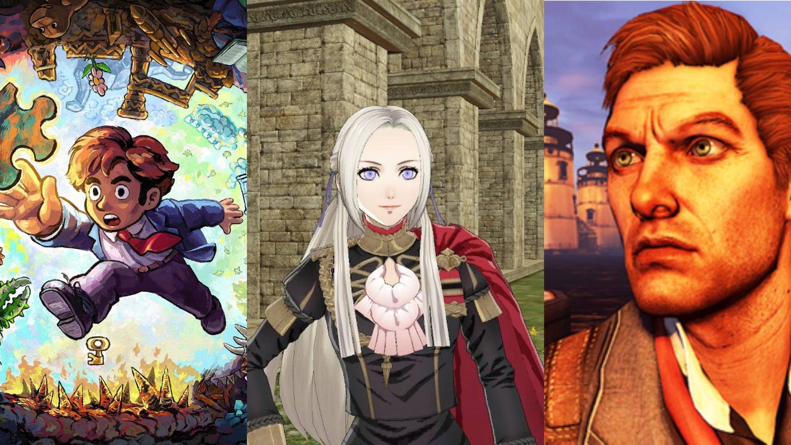 Tim, Edelgard, and Booker, all protagonists with variably villainous attributes
