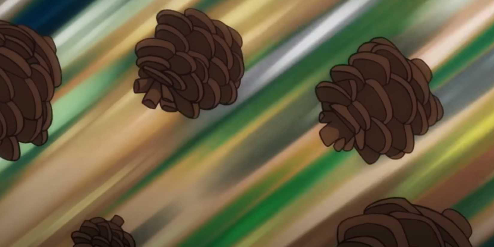 Pinecones flying in a coordinated fashion