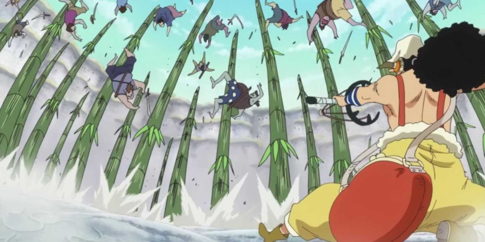 Usopp's bamboo javelin impaling a number of fish-men
