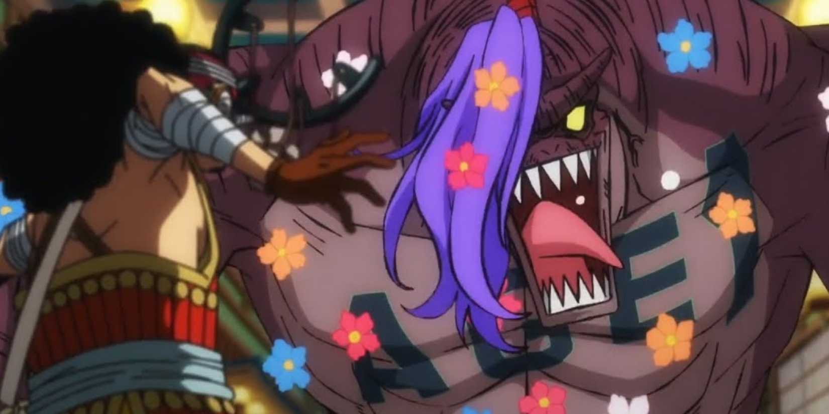 Usopp confronts Page One, covered in various flowers