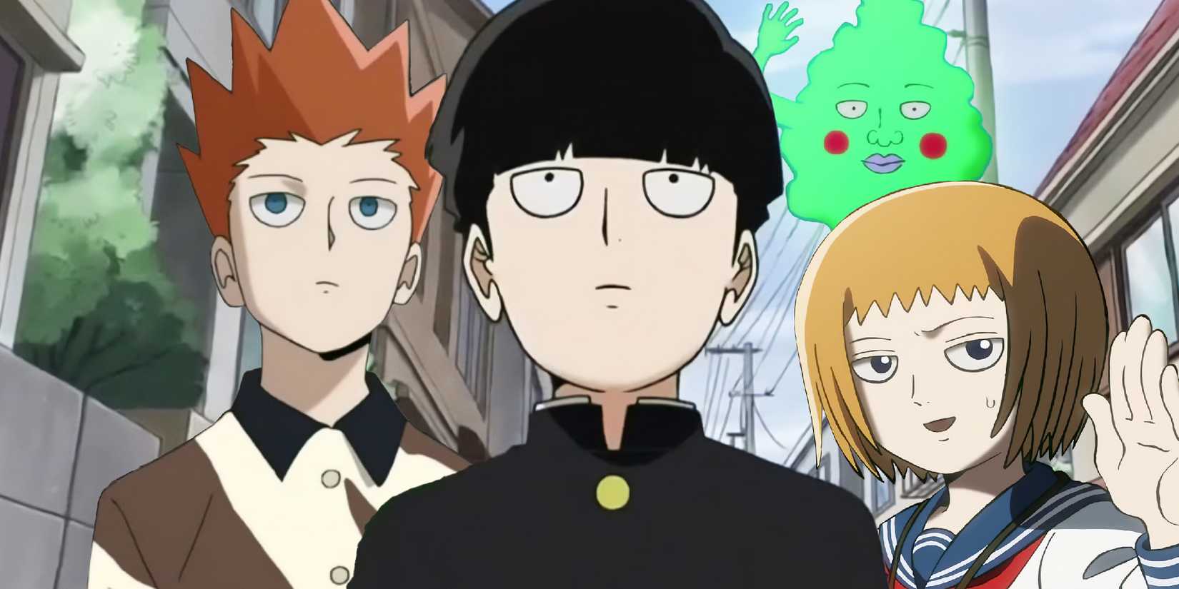 Mob-Psycho-100 main characters walking down the road. 