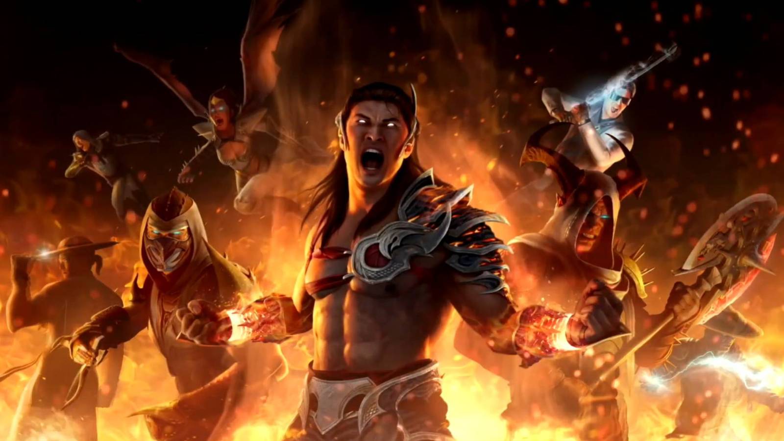 Liu Kang and his minions from the intro of Mortal Kombat 1 Invasions' Season of the Dark Dragon
