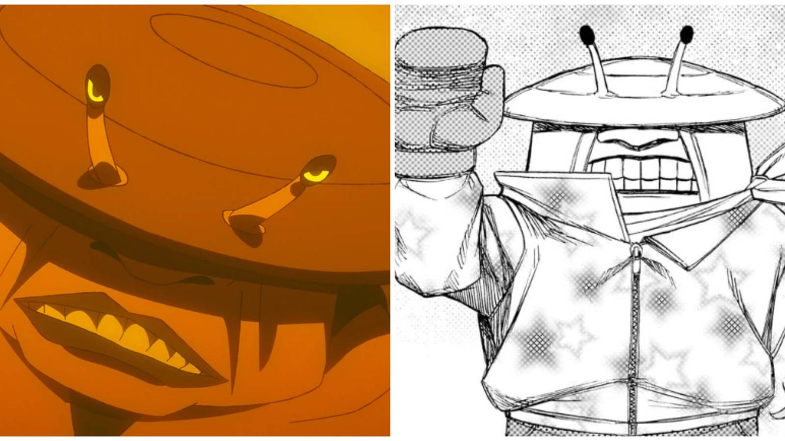 Split image of Mr. Mantis Shrimp in the anime and in the manga of Dandadan