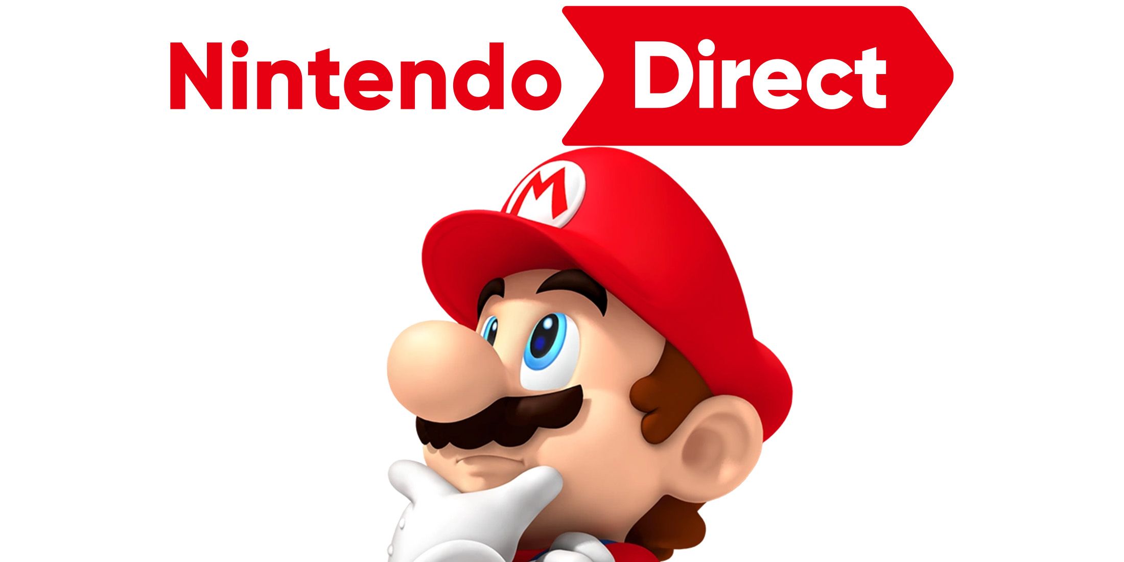 Nintendo Direct logo on white background above thinking Super Mario