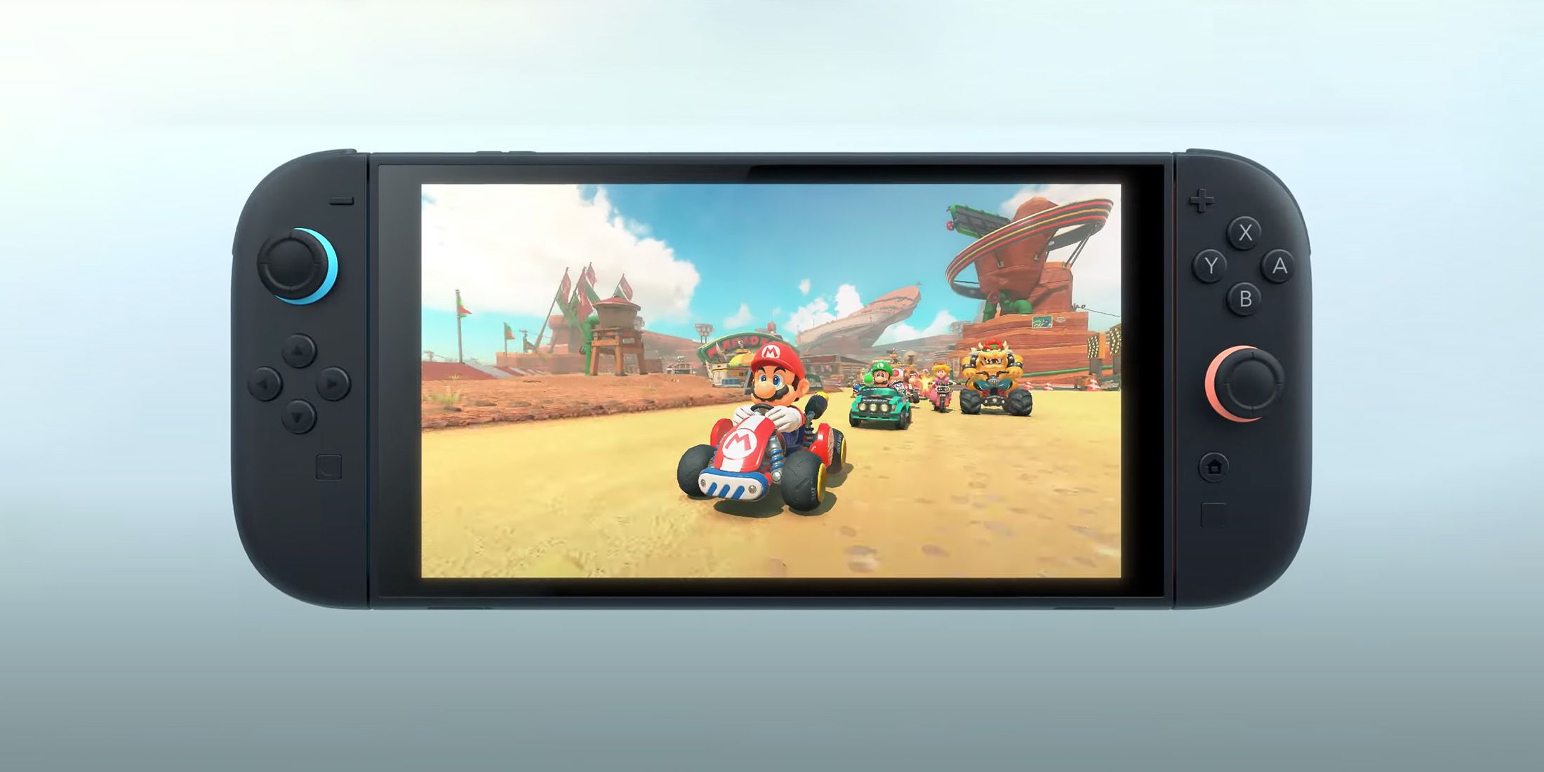 Nintendo Switch 2 playing new Mario Kart game reveal trailer still frame 2x1 composite image