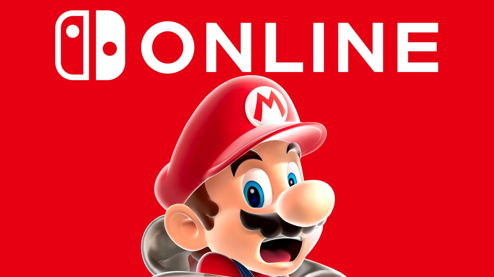 Nintendo Switch Online logo above Super Mario looking shocked scared on red background