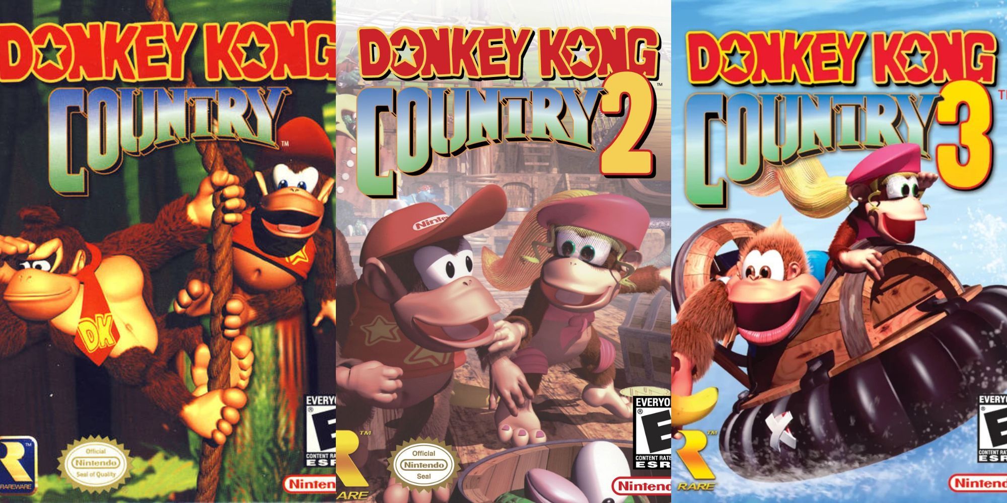 Official cover art for DKC1, DKC2 and DKC3 on Game Boy Advance.