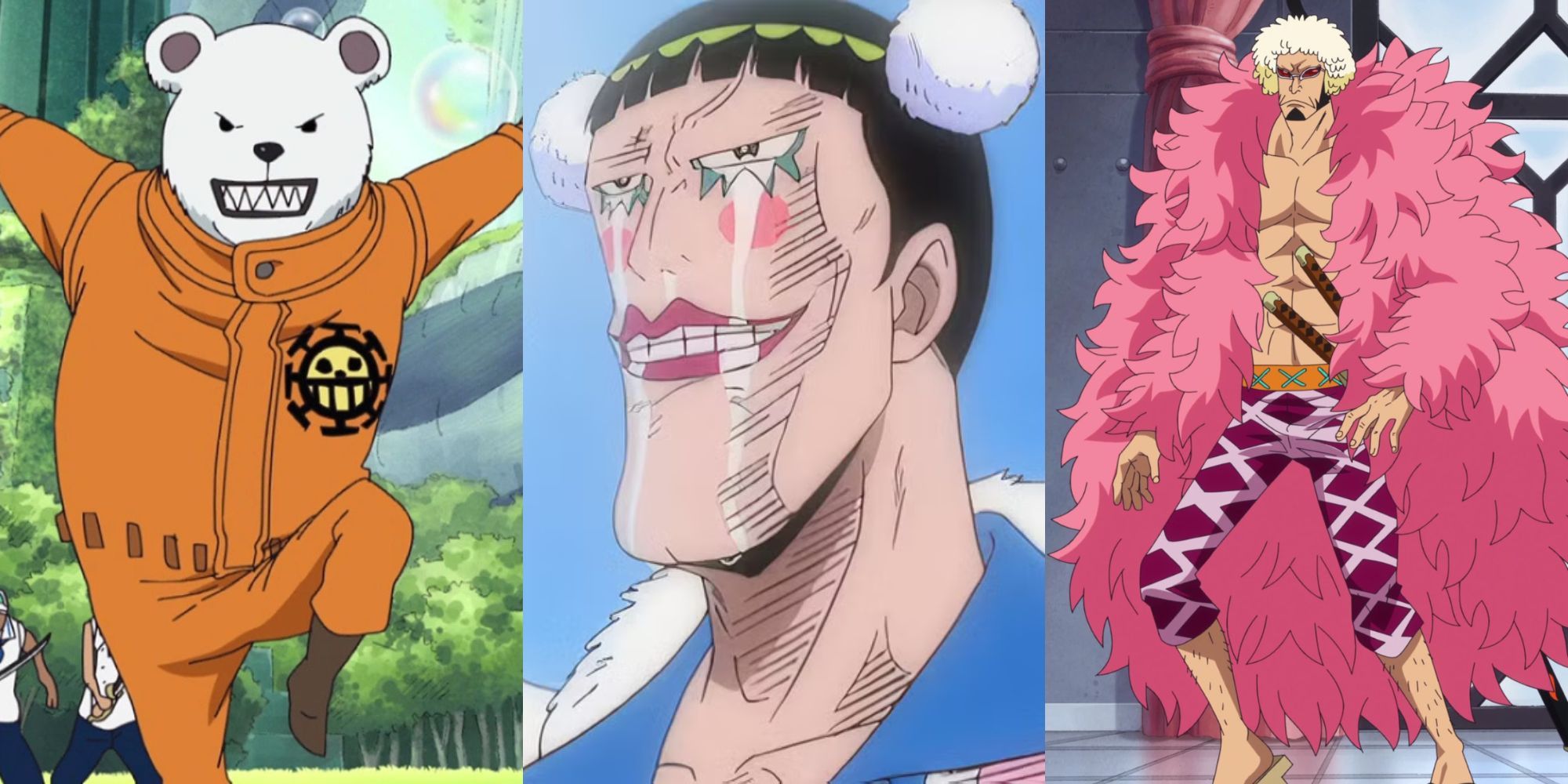 A collage of One Piece characters who ended up being surprisingly powerful: Bepo, Bon Clay and Kin'emon.