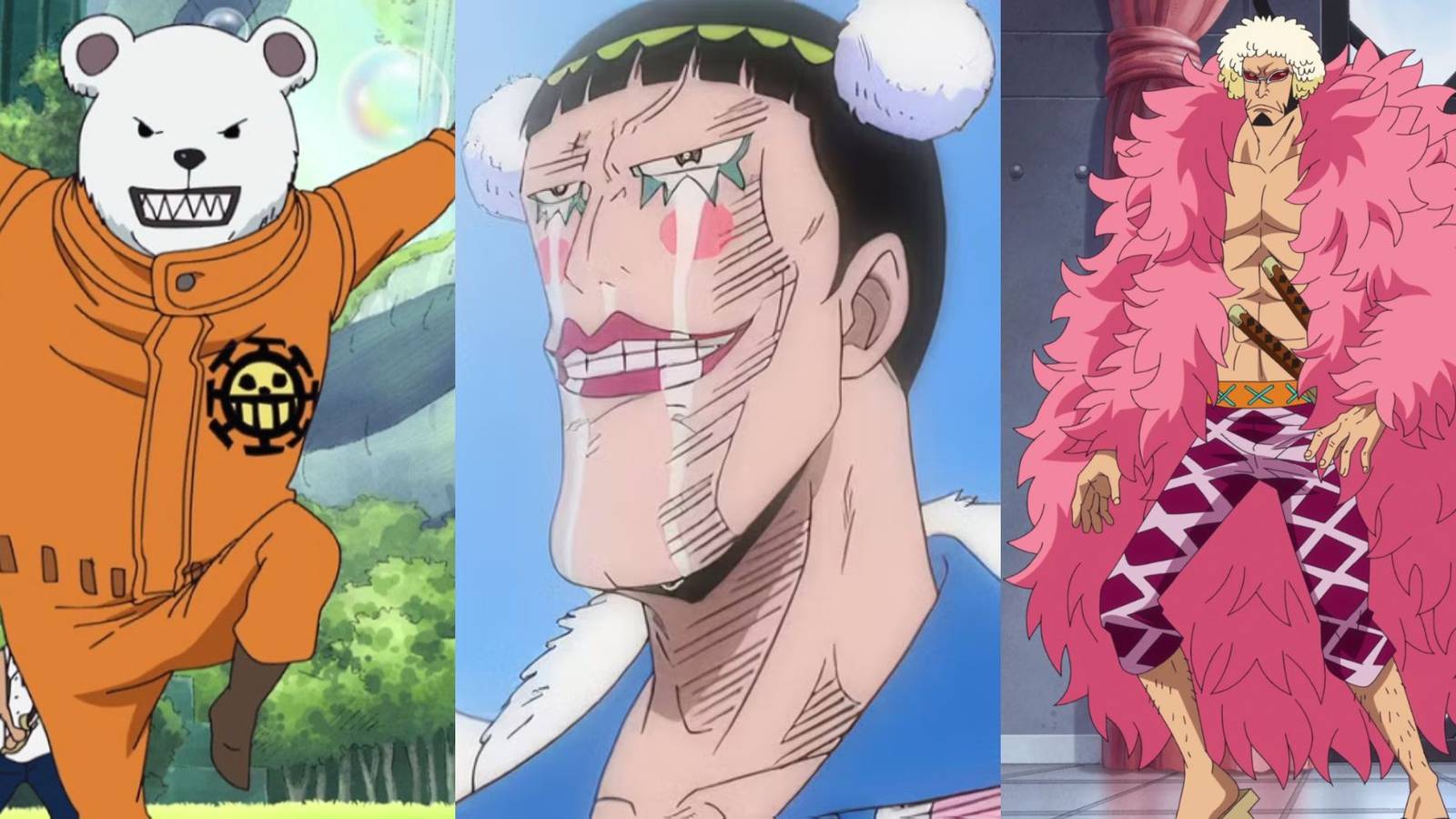 A collage of One Piece characters who ended up being surprisingly powerful: Bepo, Bon Clay and Kin'emon.