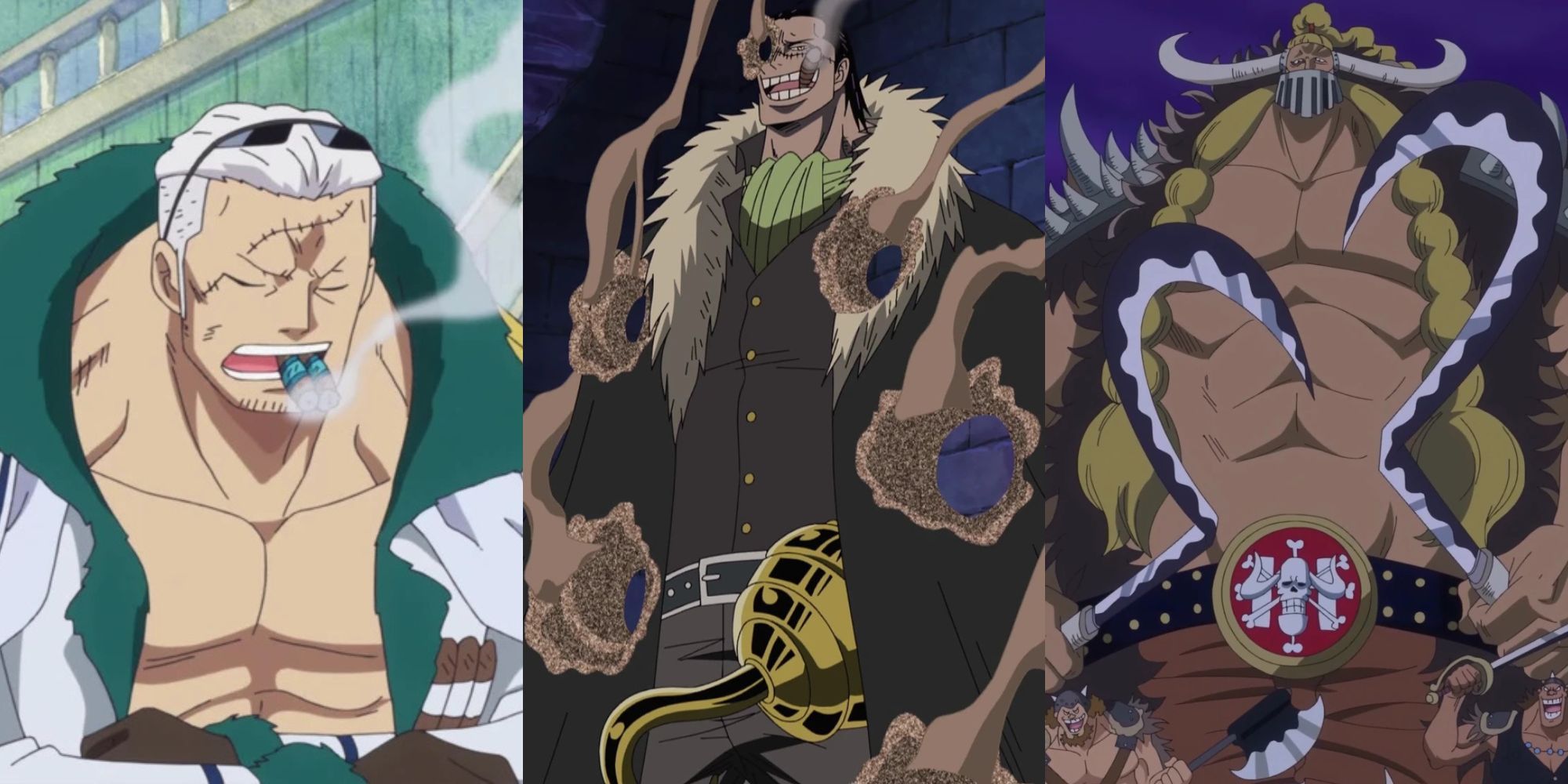 A collage of three One Piece characters who are surprisingly weak: Smoker, Sir Crocodile and Jack.