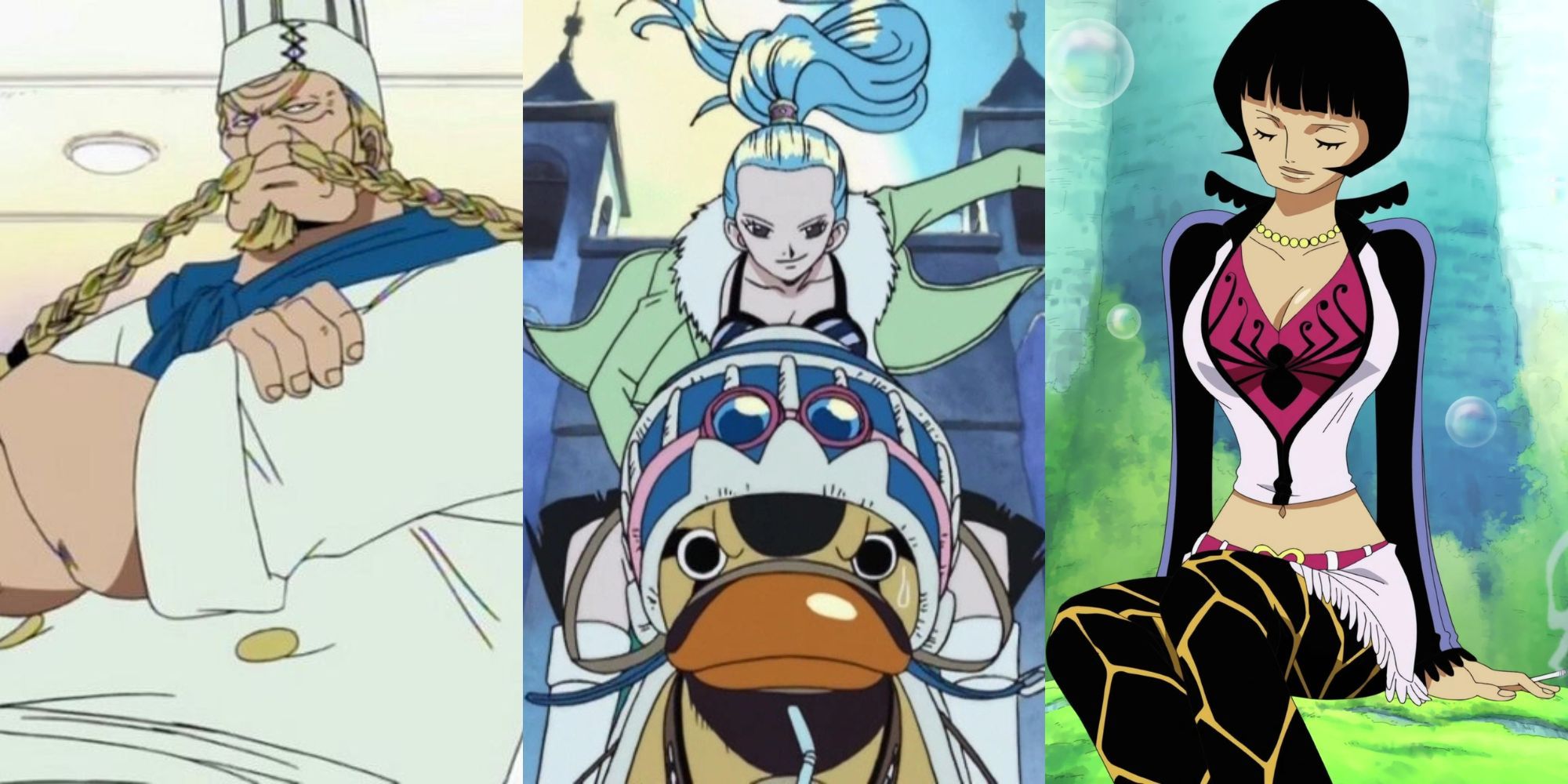 A collage of three One Piece characters who gave up piracy: Zeff, Nefertari Vivi and Shakuyaku.