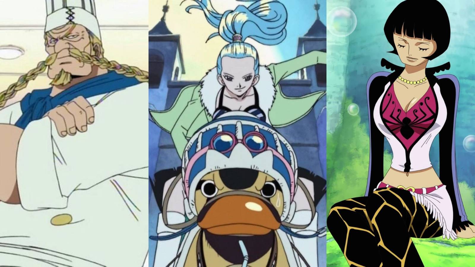 A collage of three One Piece characters who gave up piracy: Zeff, Nefertari Vivi and Shakuyaku.