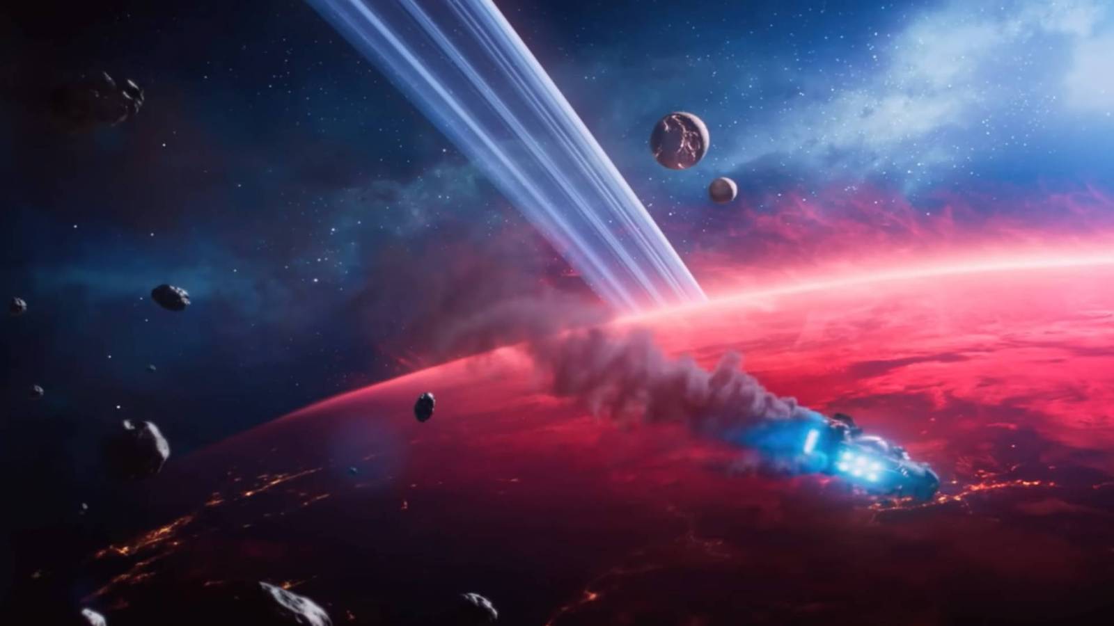 A ship heading towards a red planet in The Outer Worlds 2's trailer