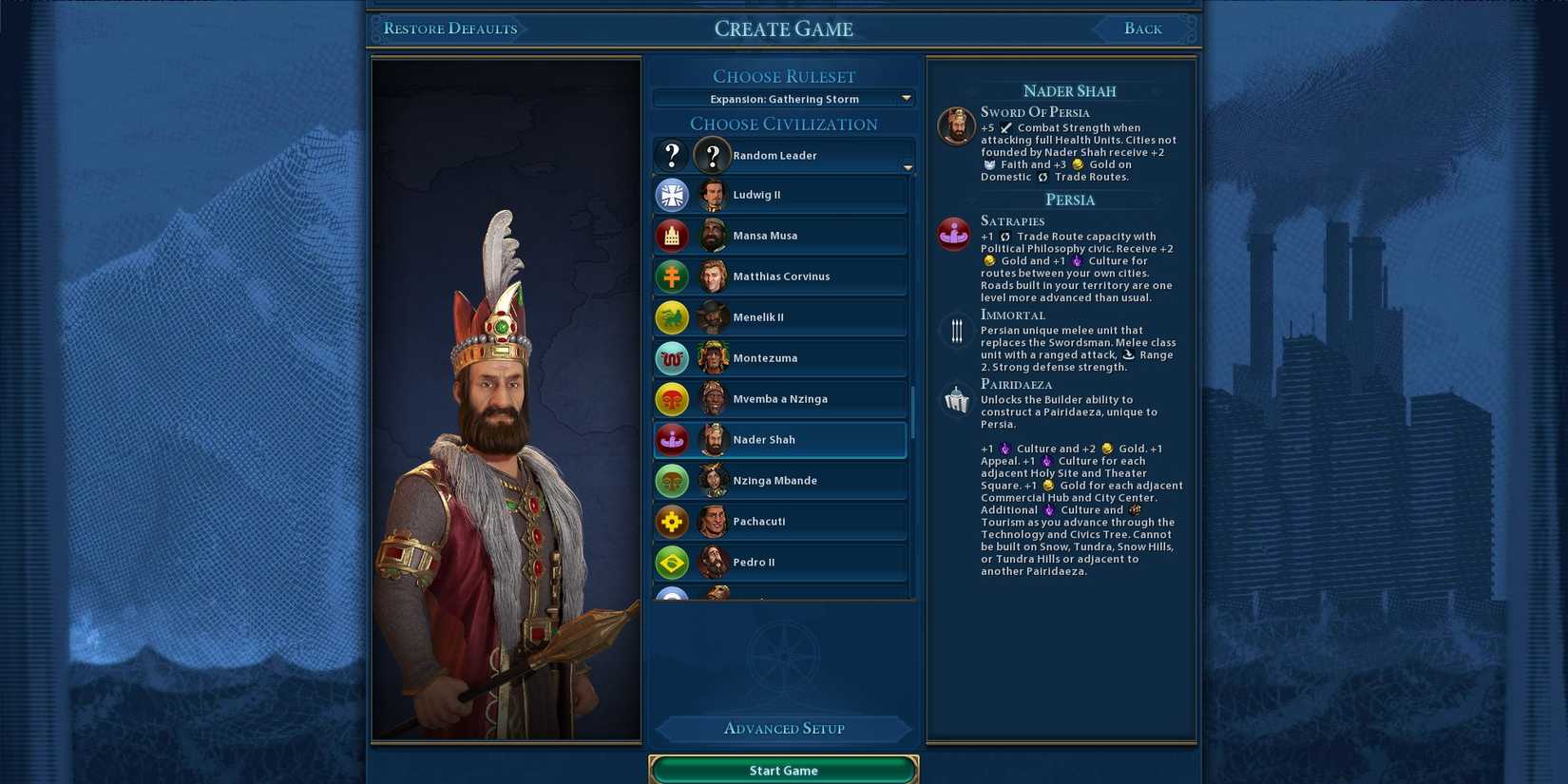 Persia Nader Shah Civilization 6