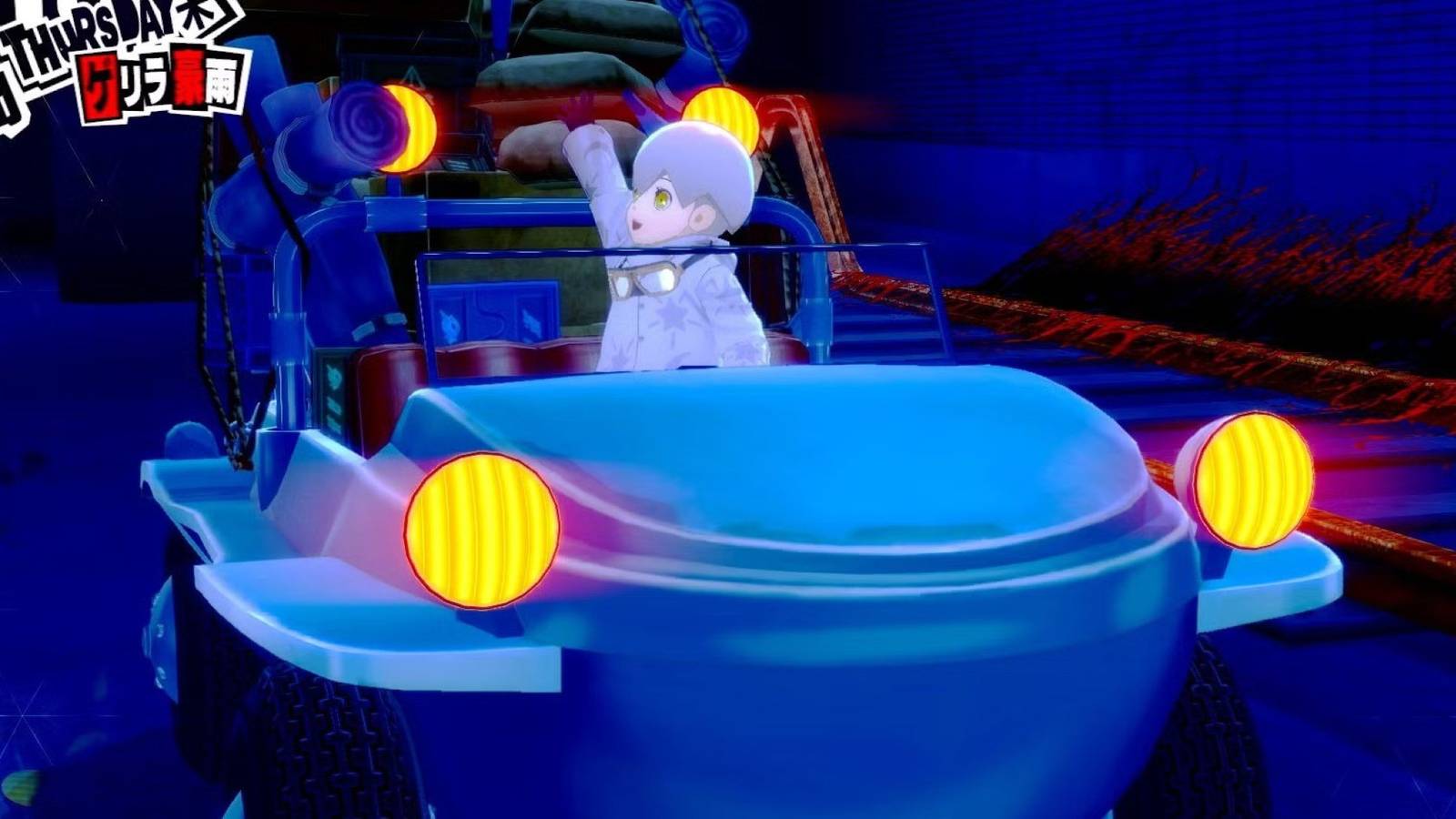 persona 5 royal jose riding a car smiling