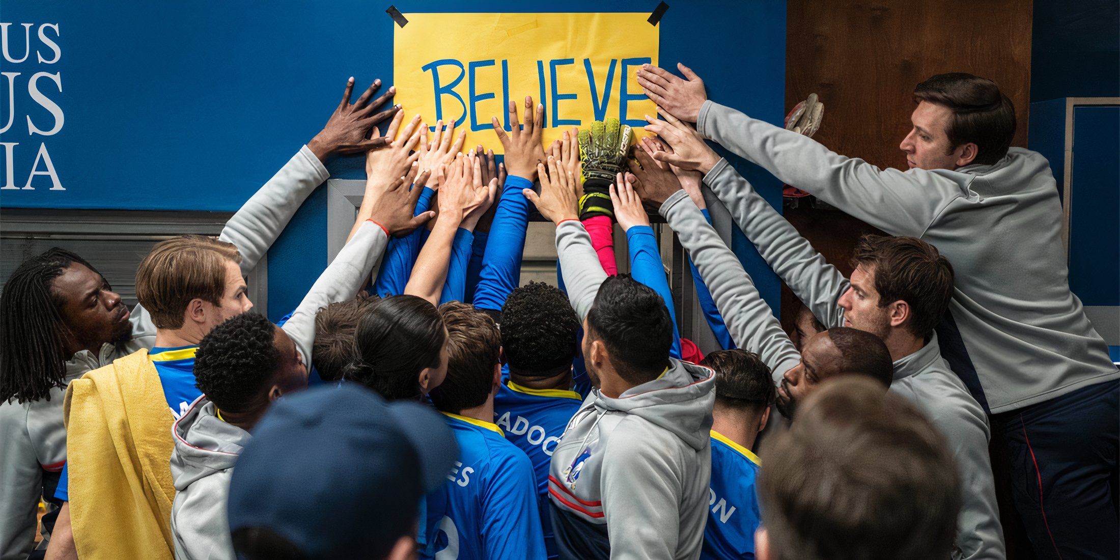 Players touch the Believe sign in Ted Lasso