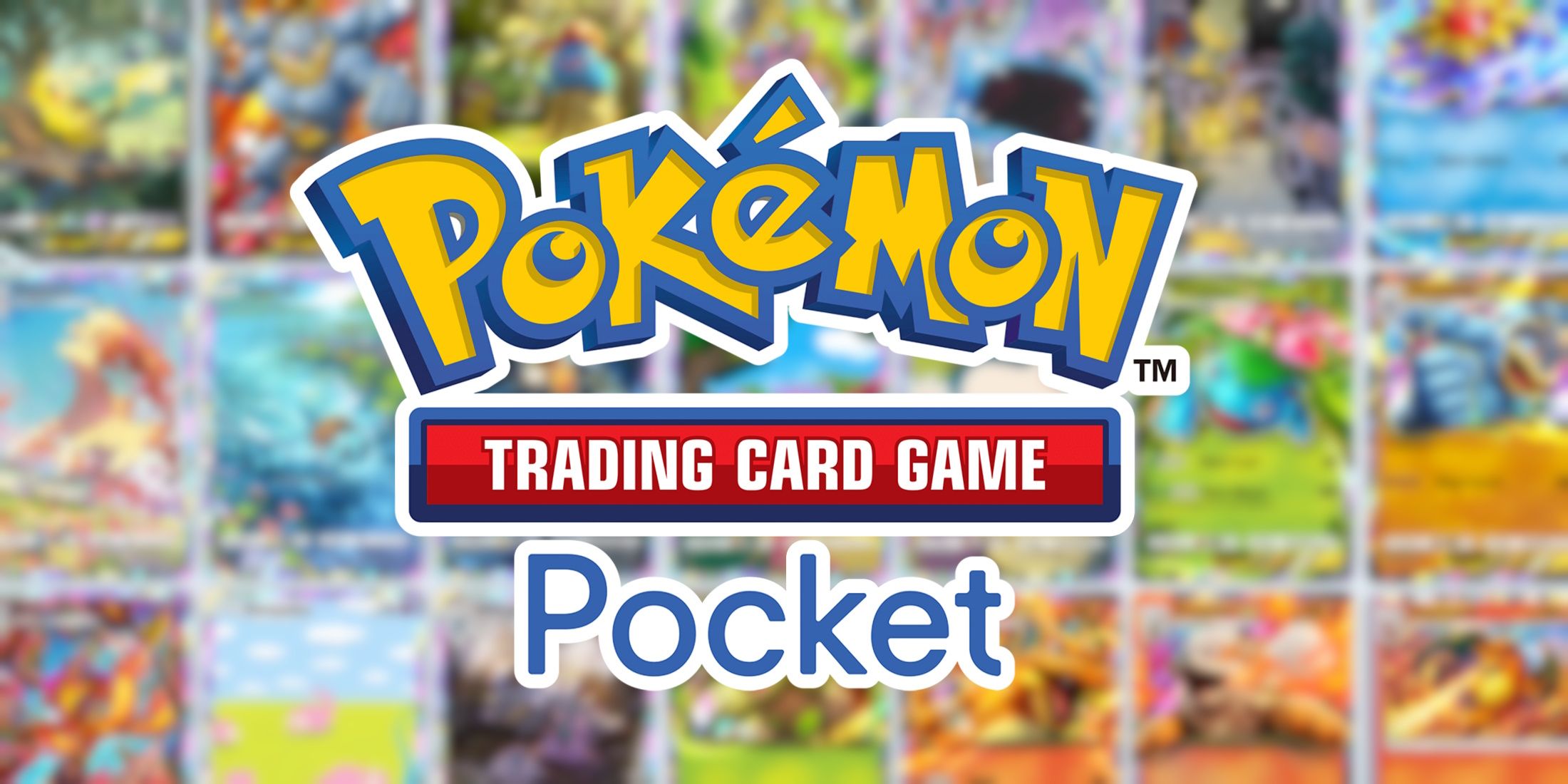 The Pokemon TCG Pocket logo set against a blurred background of cards from the game