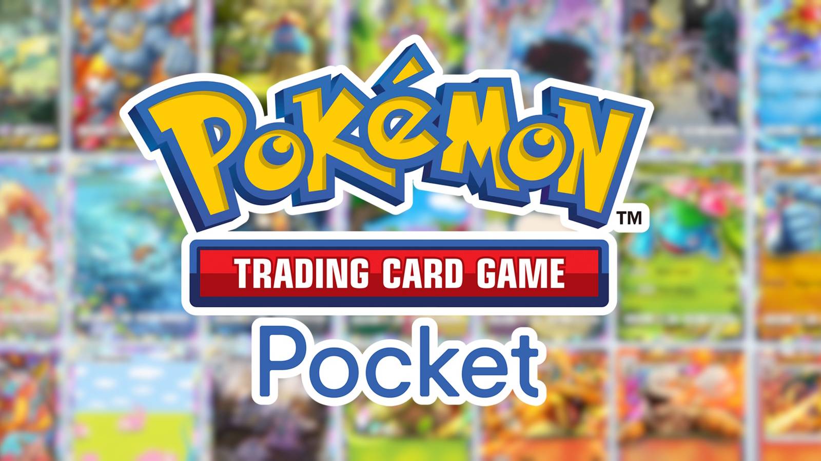 The Pokemon TCG Pocket logo set against a blurred background of cards from the game
