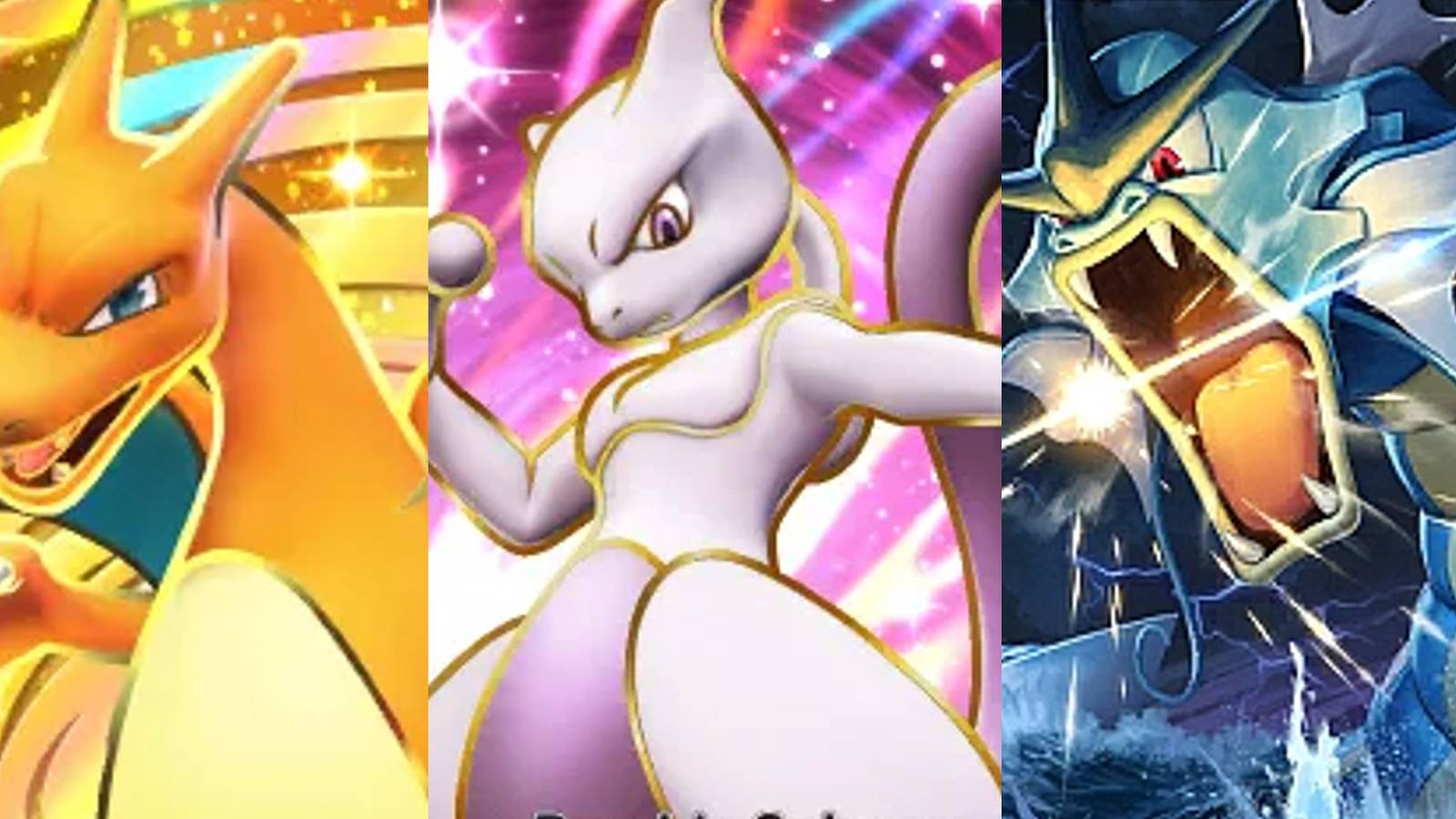 Charizard, Mewtwo, and Gyarados' full art cards in Pokemon TCG Pocket