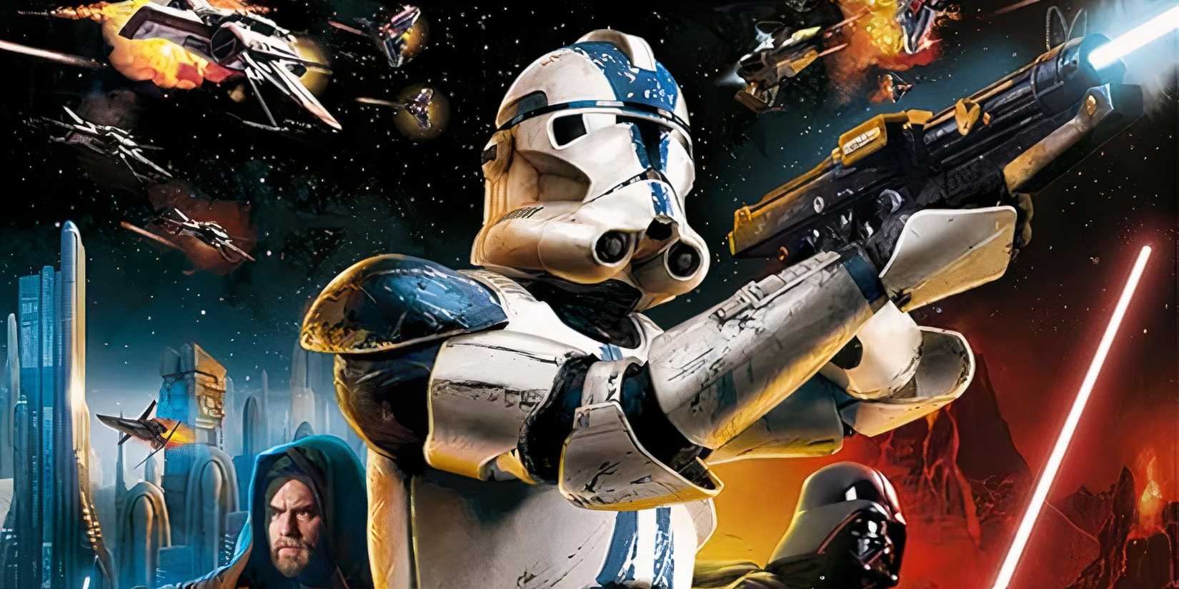 Promo art featuring characters in Star Wars Battlefront 2 (2005)