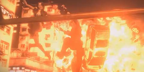 leon and helena jumping from an explosion in resident evil 6