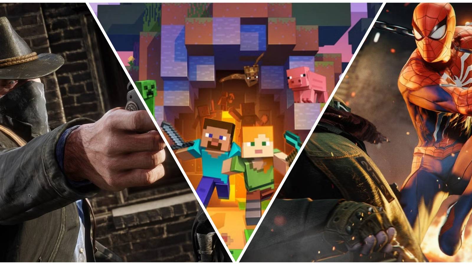 Red Dead Redemption 2, Minecraft, Marvel's Spider-Man