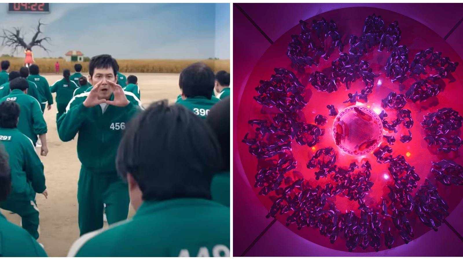 Split image of the Red Light Green Light game and Mingle game in Squid Game