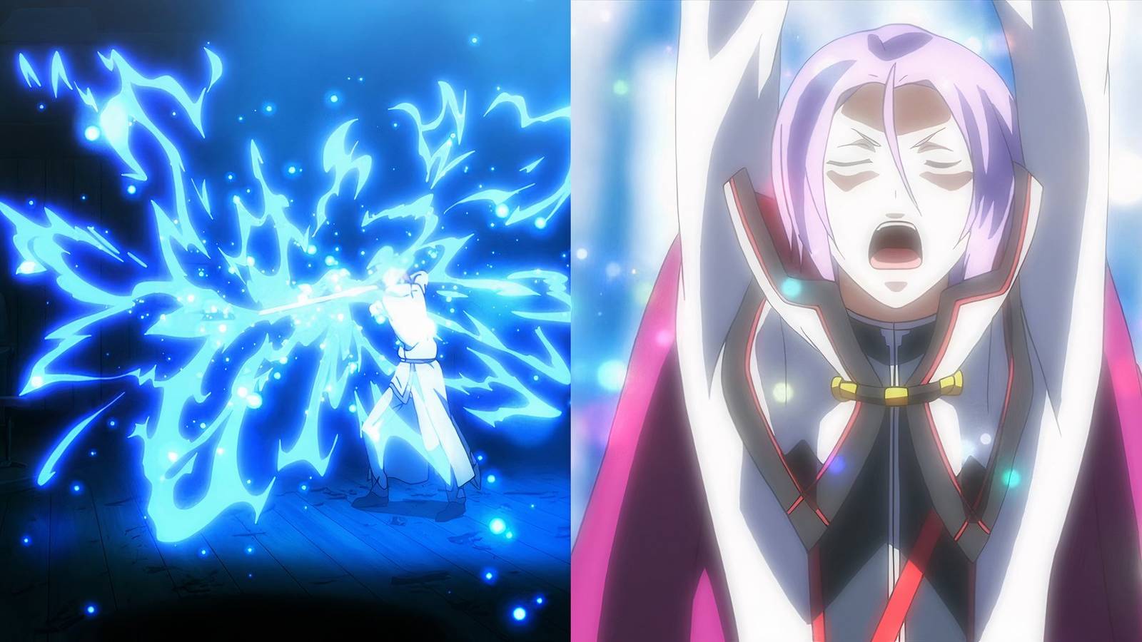 Reinhard van Astrea attacking Elsa Granhiert with his Divine Protection and Julius utilizing spirits to fight Petelgeuse in Re:Zero