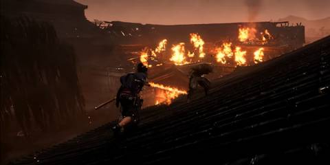Rise of the Ronin rooftops on fire