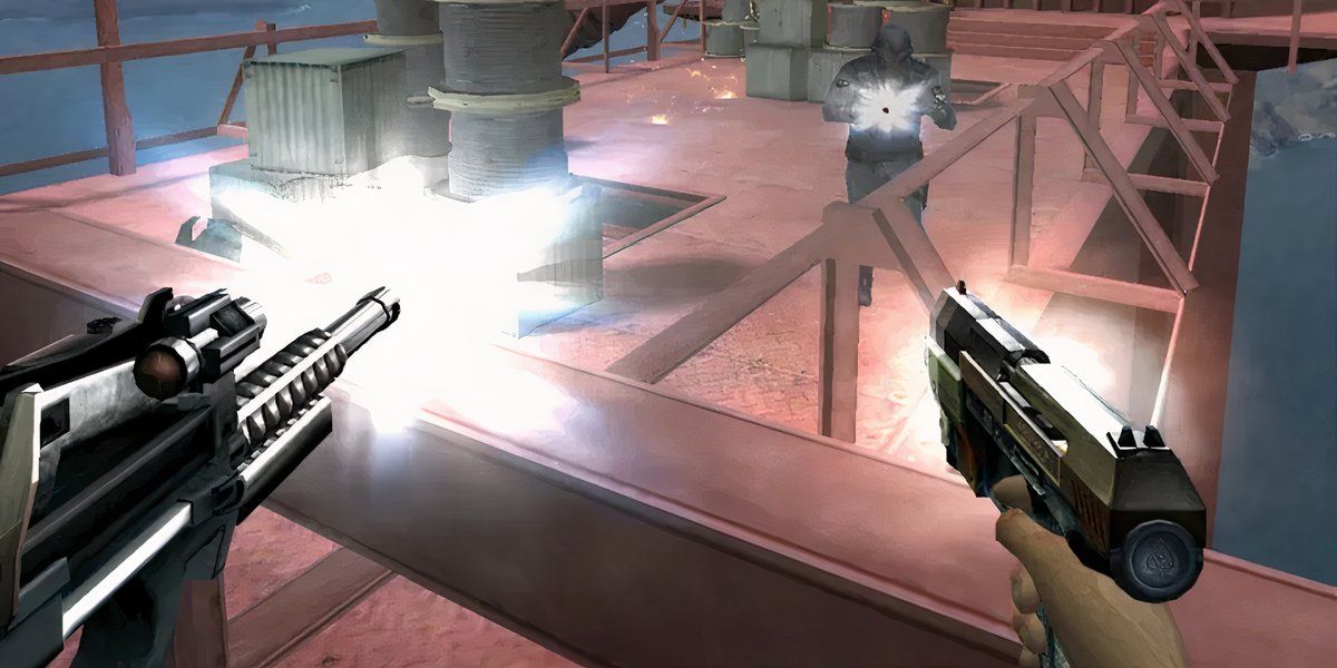 rogue agent shooting on a bridge with two machine guns