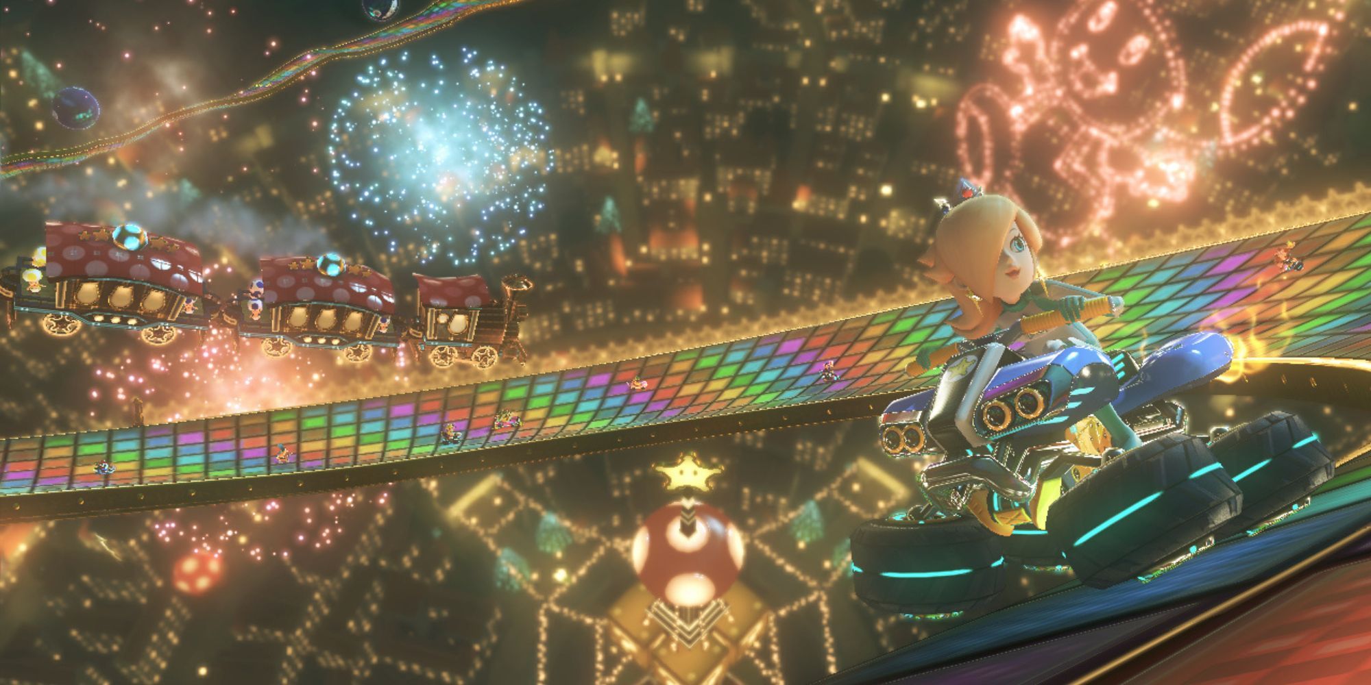 Rosalina driving around in Rainbow Road 64.