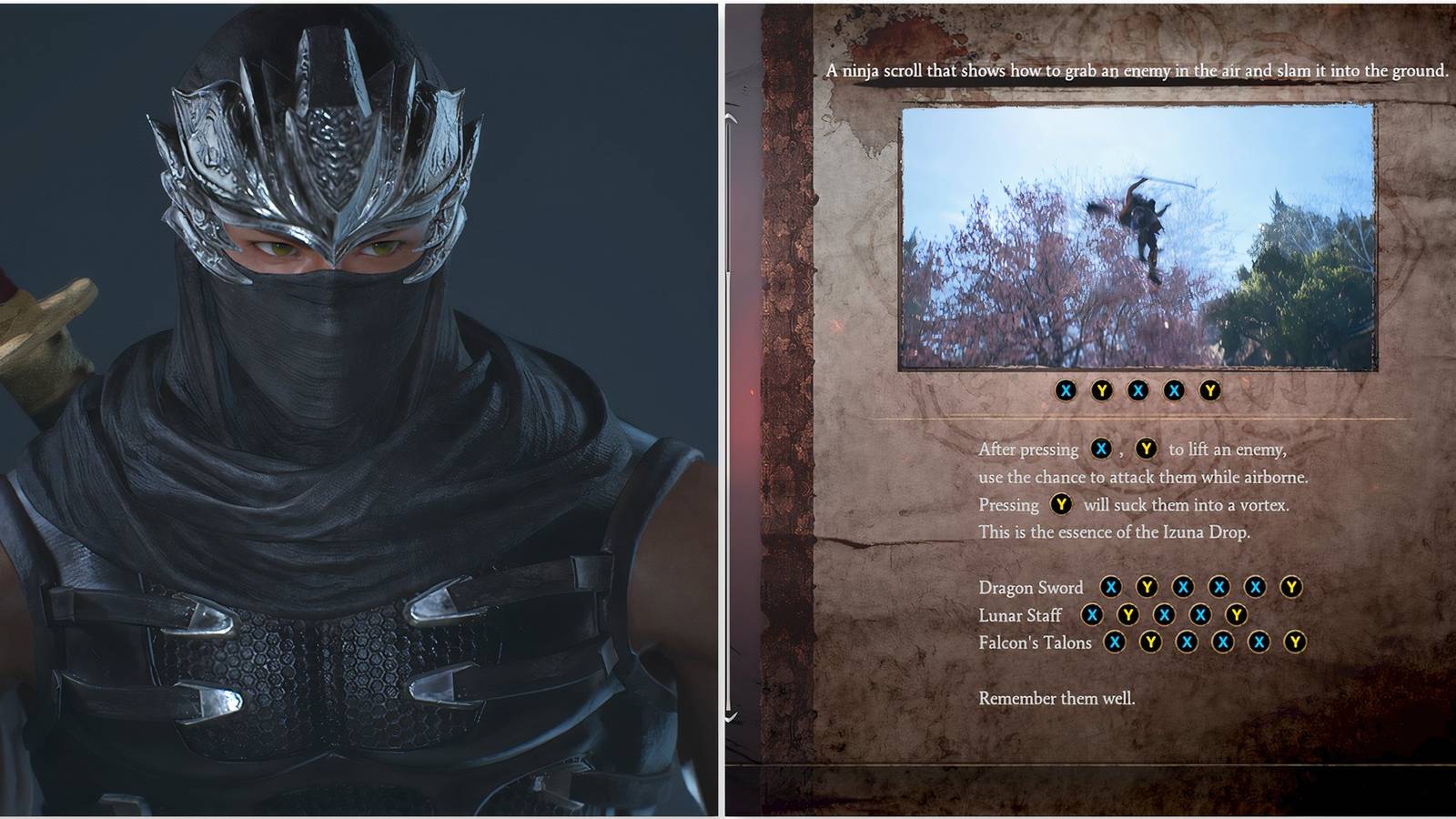 Ryu and The Izuna Drop Technique move listing in Ninja Gaiden 2 Black