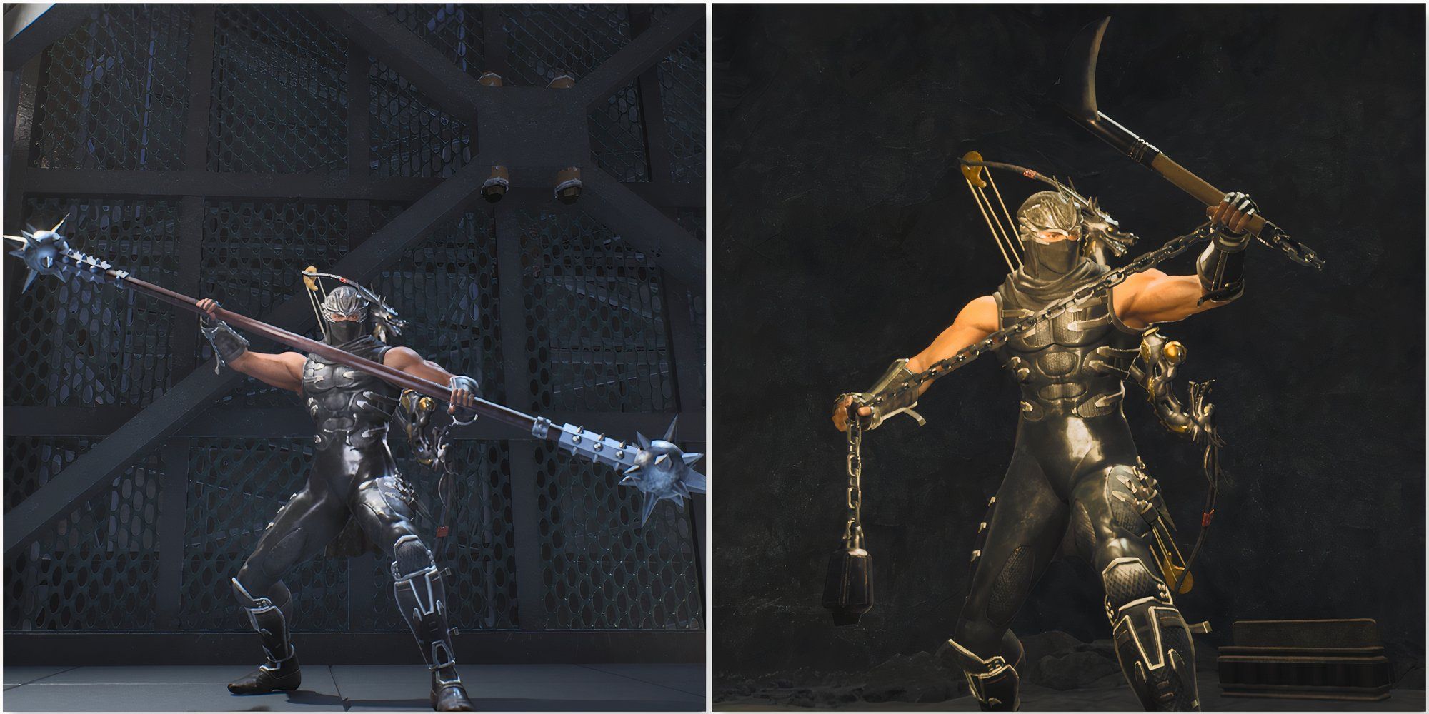 Ryu holding the Lunar Staff and Kusari-gama weapons in Ninja Gaiden 2 Black