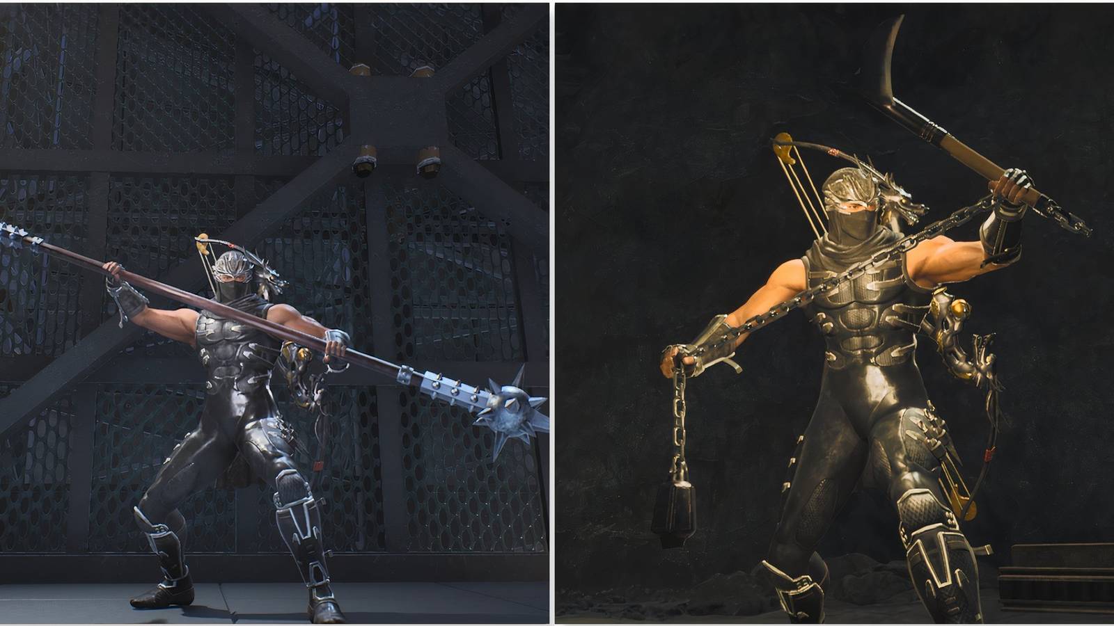 Ryu holding the Lunar Staff and Kusari-gama weapons in Ninja Gaiden 2 Black