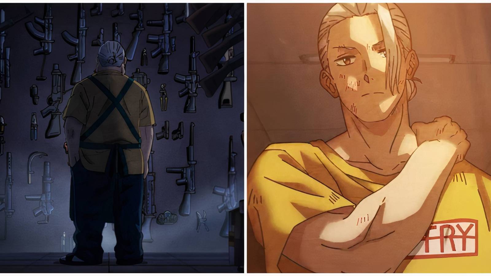 Split image of Sakamoto after retiring and before retiring in Sakamoto Days