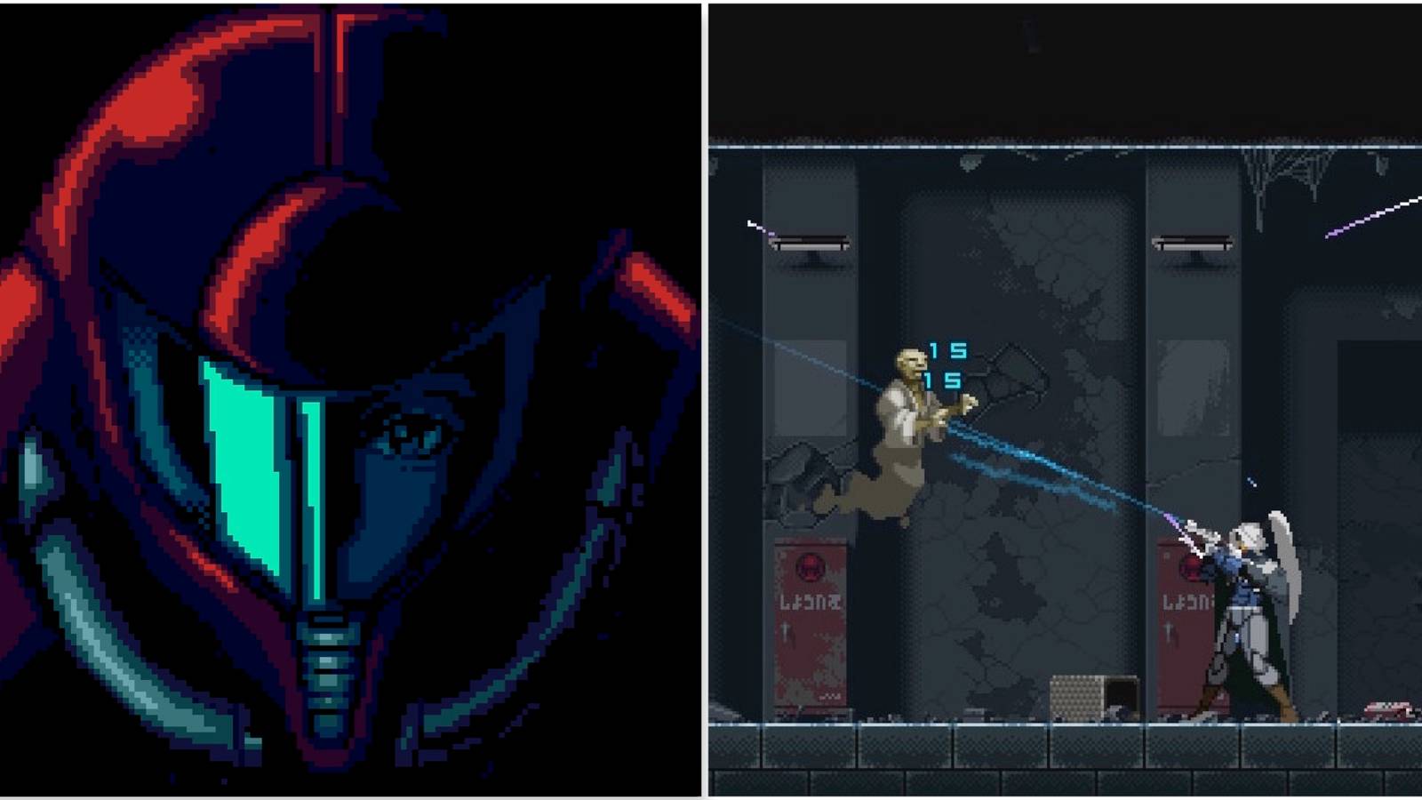 Samus in Super Metroid and fighting enemies in Blade Chimera